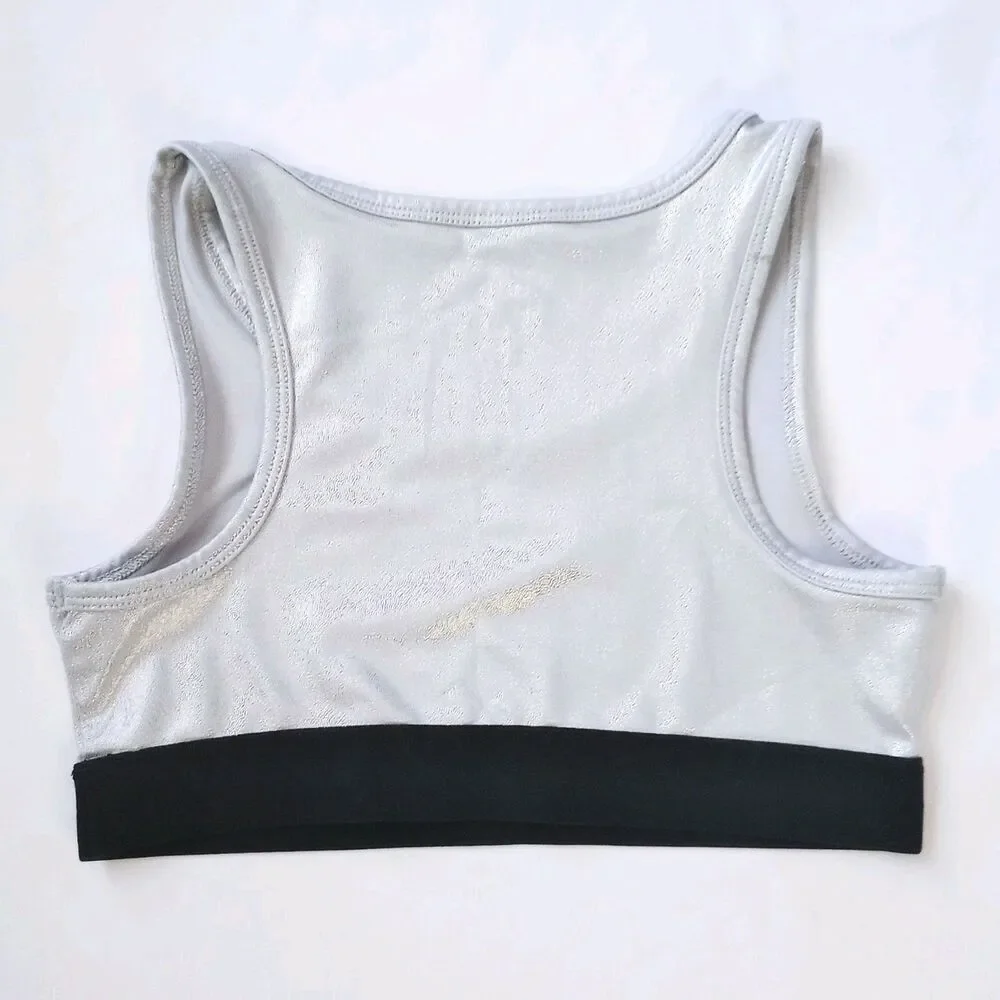 Justice Silver Sports Gymnastics Dance Bra w/Black Elastic sz 10 Girls Youth